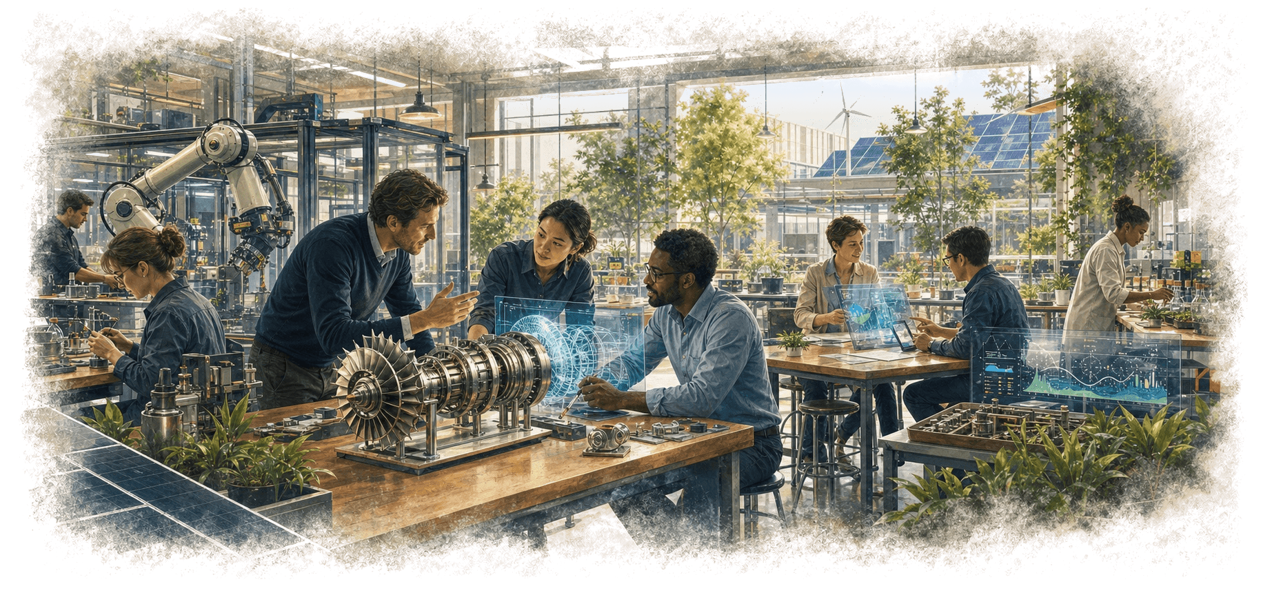 Team di ingegneri al lavoro su un progetto di innovazione industriale